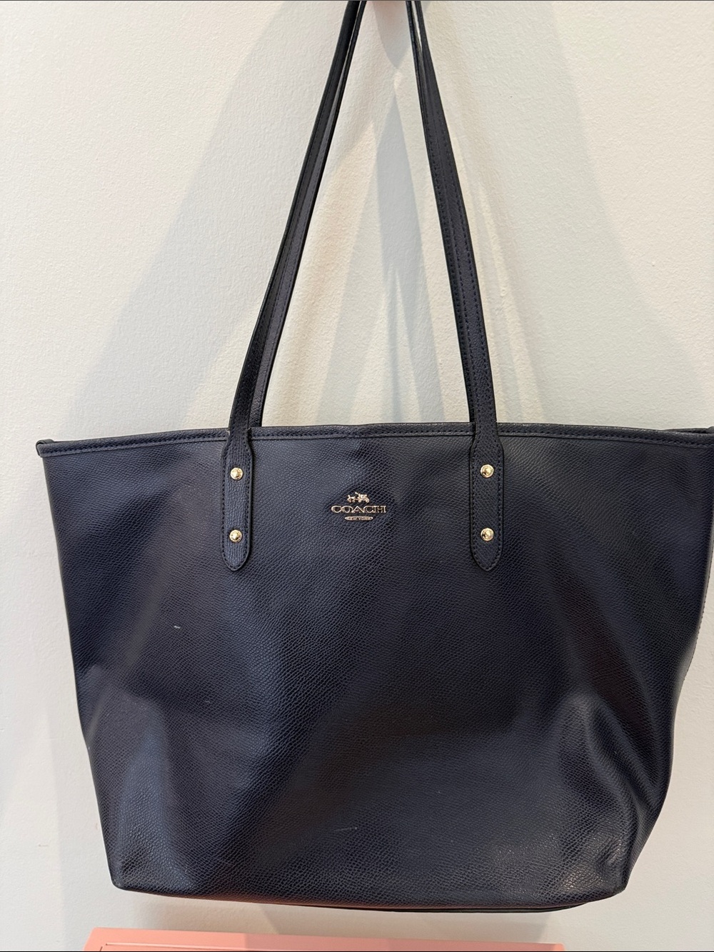 Coach Navy Leather Tote with Gold Accent Logo